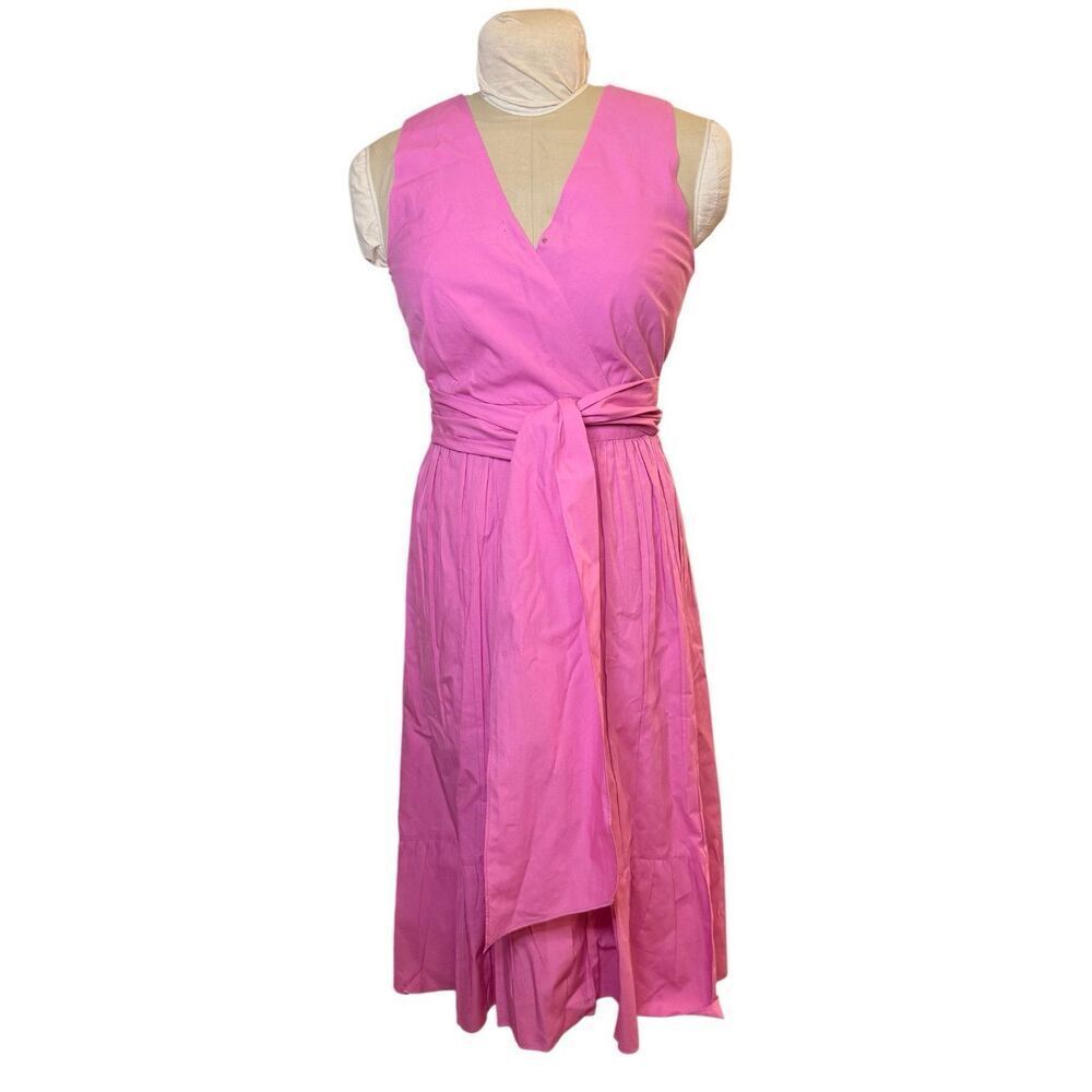J. Crew Sleeveless Faux-Wrap Dress in Cotton Poplin Sash Tie Sz. 10 Vibrant Pink